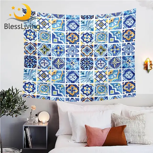 BlessLiving Watercolor Tapestry Mediterranean Ceramics Wall Hanging Geometric Squares Wall Carpet Mandala Floral Bedspread Tapiz 1