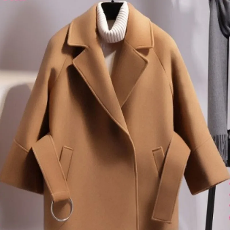 Свободное длинное женское пальто из искусственной шерсти с отложным воротником