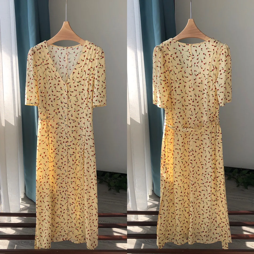 

Women Dress2021 Summer Retro Style Elegant Yellow Tulip Print Waist V-neck Long Dress