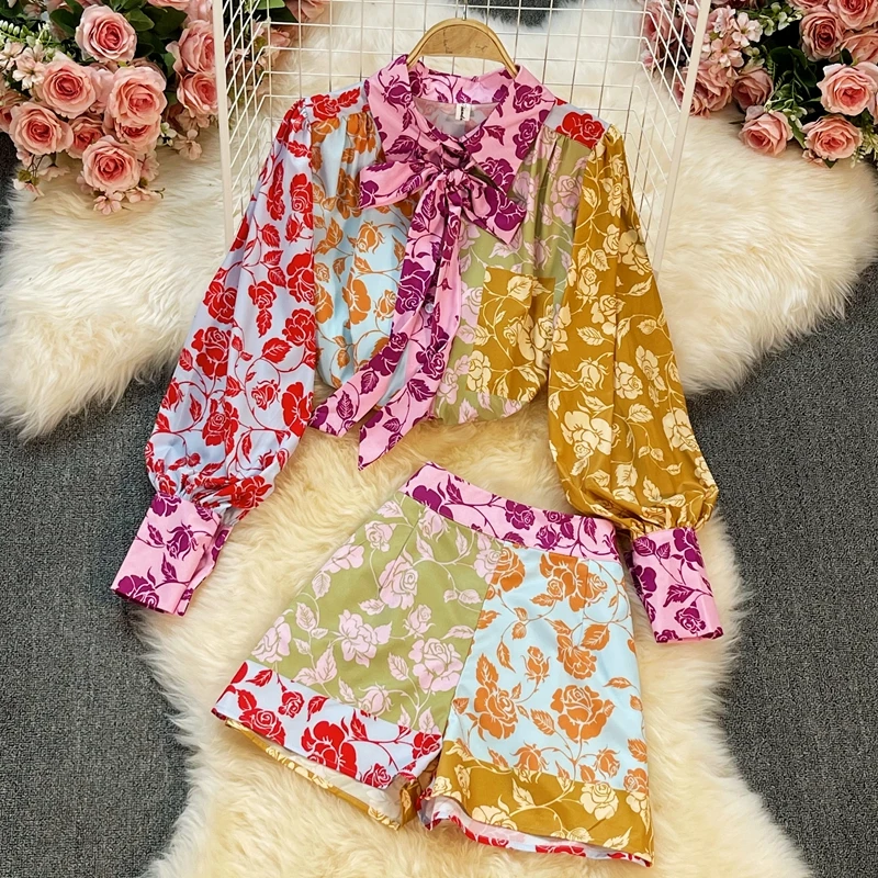 

Amolapha Women Summer Beach Style 2-piece Set Turn-down Collar Lantern Sleeve Print Blouse+Wide Legs Shorts Female Vacation Suit