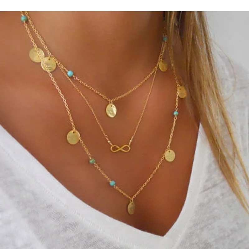 

Lucky Infinity , Coin Dangle Pendant, Turquoises Bead Chokers, Multilayer Women Golden Silvers Color Chain Statement Necklaces