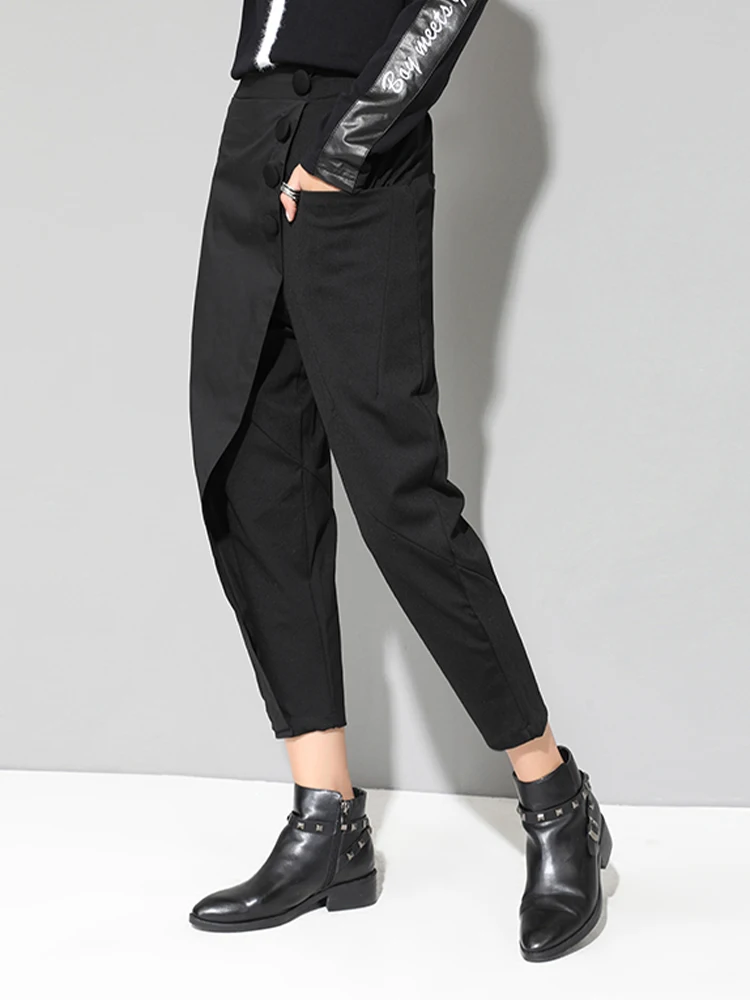 WQJGR Spring 2021 Streetwear Pants Women Button Fly Ankle Length Black Spliced Middle Elastic Waist Trousers | Женская одежда