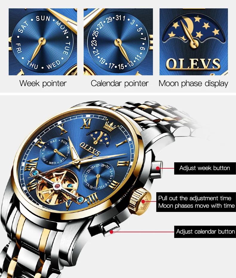 

OLEVS Automatic Mechanical Men Watch Tourbillon Moon Phase Stainless Steel Business Luminous Waterproof Date Week Wrist Watch