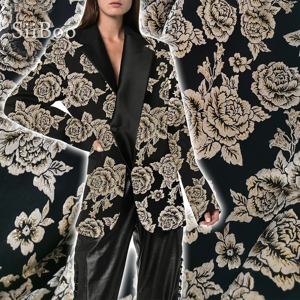 Европейский стиль плотная черная парча ткань с коричневой золотой нитью