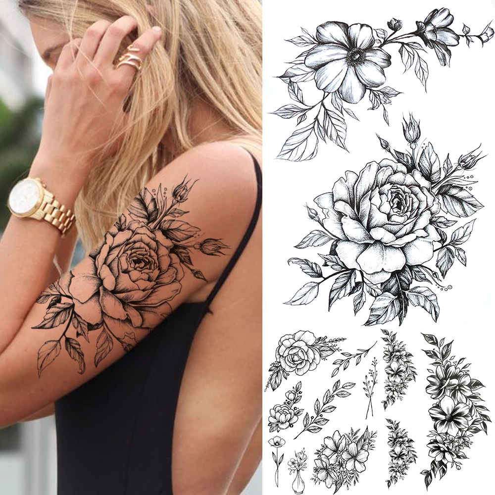 

Large Flower Temporary Tattoos For Women Girls Fake Peony Anemone Dahlia Rose Tattoo Sticker Black Blossom Water Transfer Tatoos