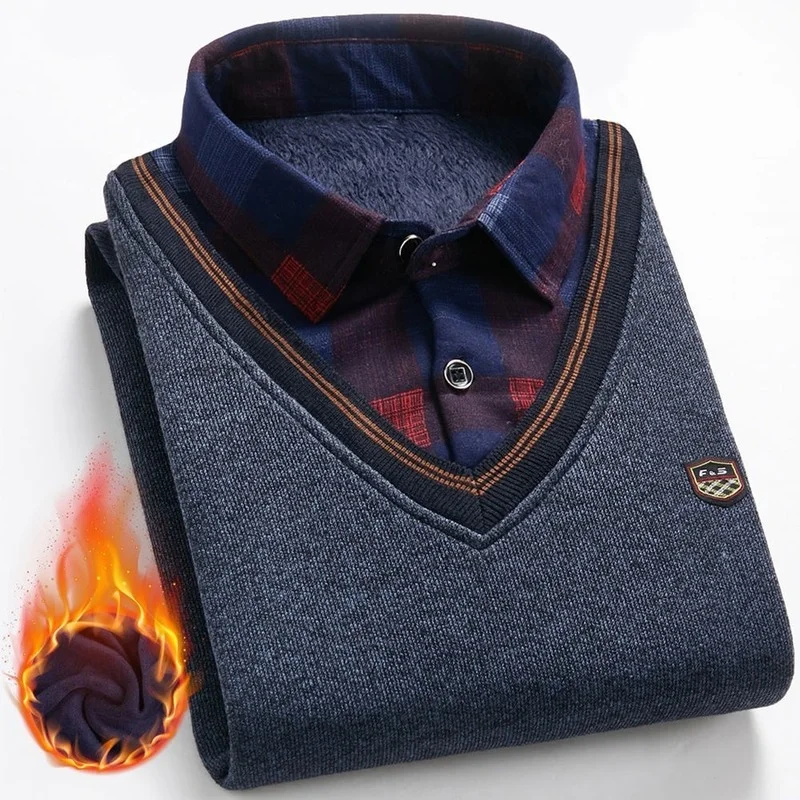 

Новинка, Осень-зима 2021, Мужской флисовый свитер с воротником, модный однотонный плотный теплый свитер в клетку, мужской бархатный утепленны...