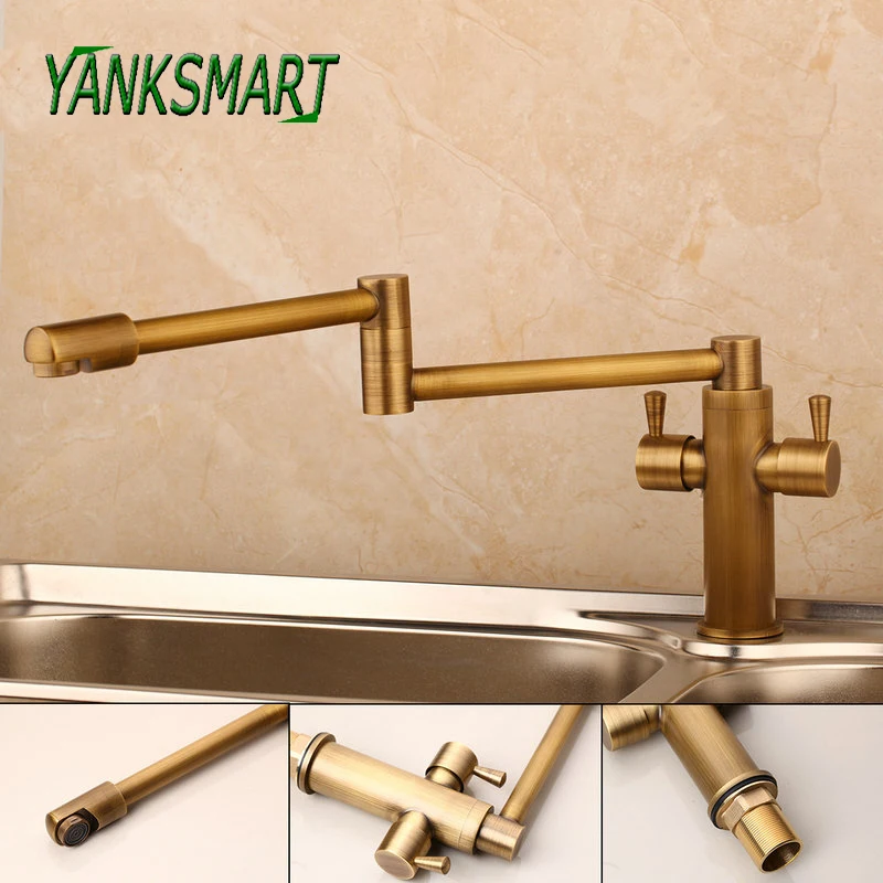 

YANKSMART Antique Brass / Black 360 Swivel Kitchen Deck Mounted Faucets Dual Handles Kitchen Vessel Sink Faucet Mixer Tap