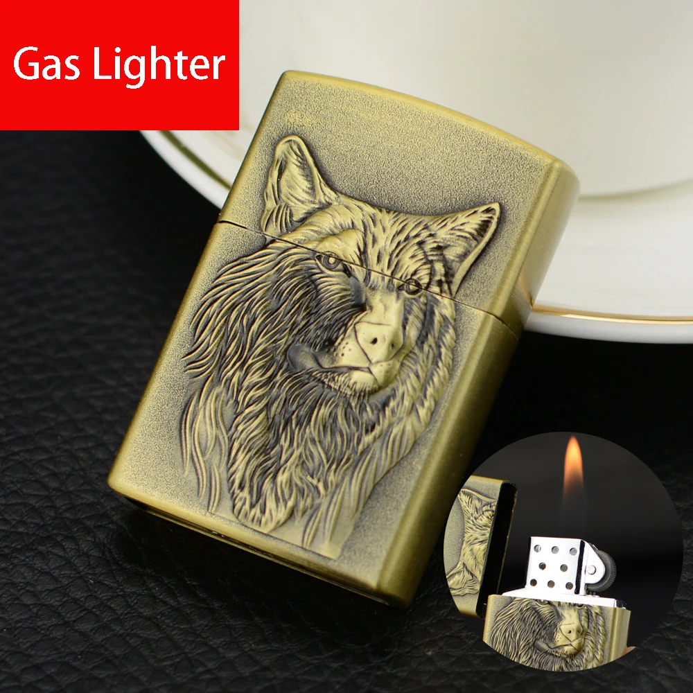 

Creative Lighter Butane Lighter Bronze Relief Carving Wold Pattern Open Fire Flint Wheel Lit Cigarette Accessories Smoke