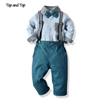 top and top fashion kids boy gentleman clothes set cotton long sleeve bowtie shirt topssuspender trousers boys casual sets