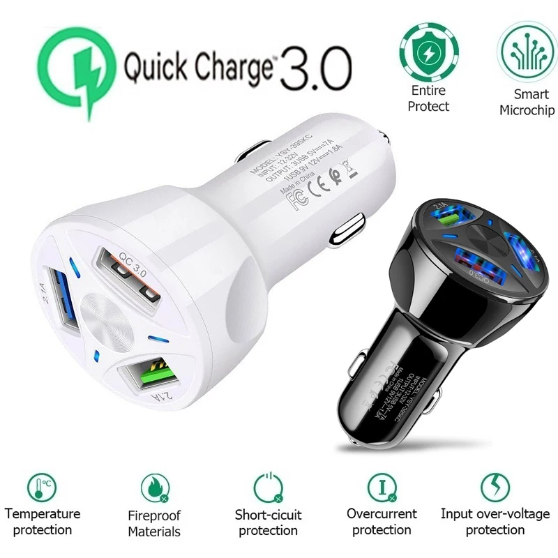 Автомобильное зарядное устройство QC 3 0 с USB портами для iPhone X XS MAX 7 8 Plus Samsung S10 S8 Note 9