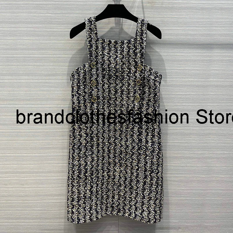 

Fashion Mini Tweed Straps Dress Women High Quality Square Collar Backsless Buttons Pockets Sleeveless Dresses Lady 2021 Autumn