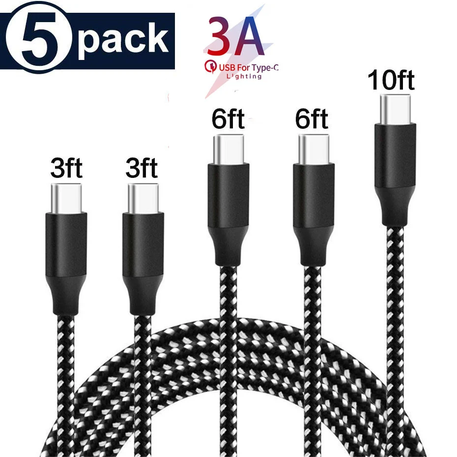 

5Pack(3/3/6/6/10FT) 3A USB Type C Cable Fast Charge Wire Cord USBC Data Cable for Xiaomi Oneplus 7Pro Mobile Phone USB-C Charger