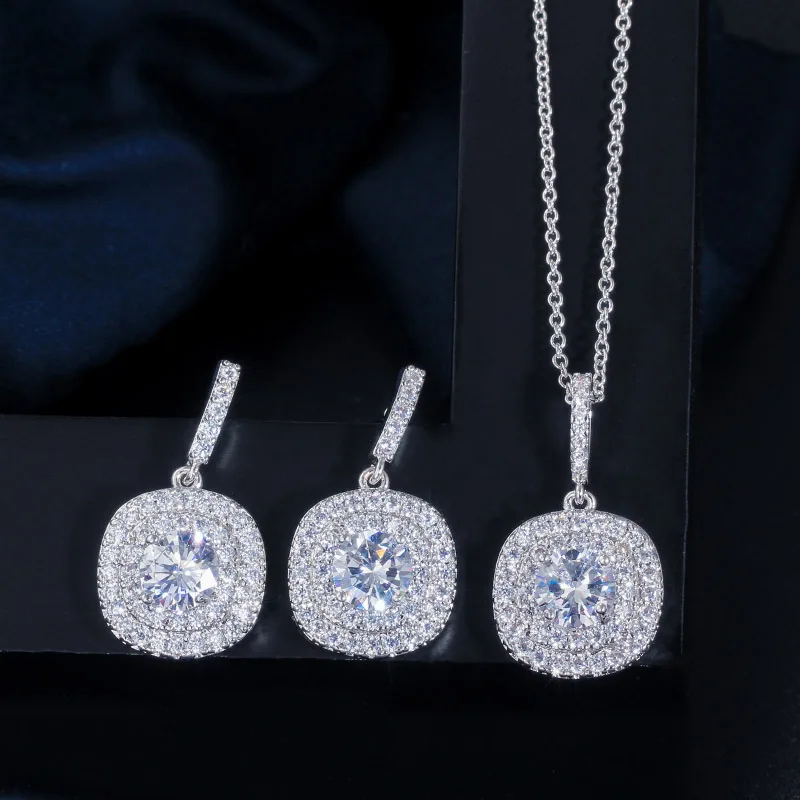 White CWWZircons, Брендовое роскошное ожерелье, кулон и серьги, модный желтый кубический цирконий, ювелирный набор T022 - Окраска металла: White