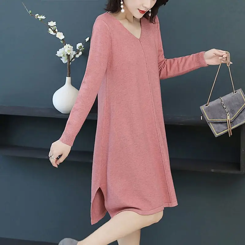 

Женское трикотажное платье с разрезом, однотонное повседневное свободное платье-трапеция с длинным рукавом, модель H485 на осень и зиму, 2021