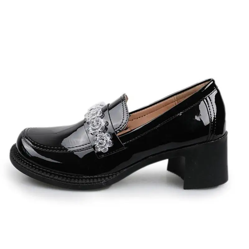

Shoes Woman Spring 2021 New Retro Fashion British Round Toe Pumps High Heels Square Heel String Bead Crystal Brand Women Shoes