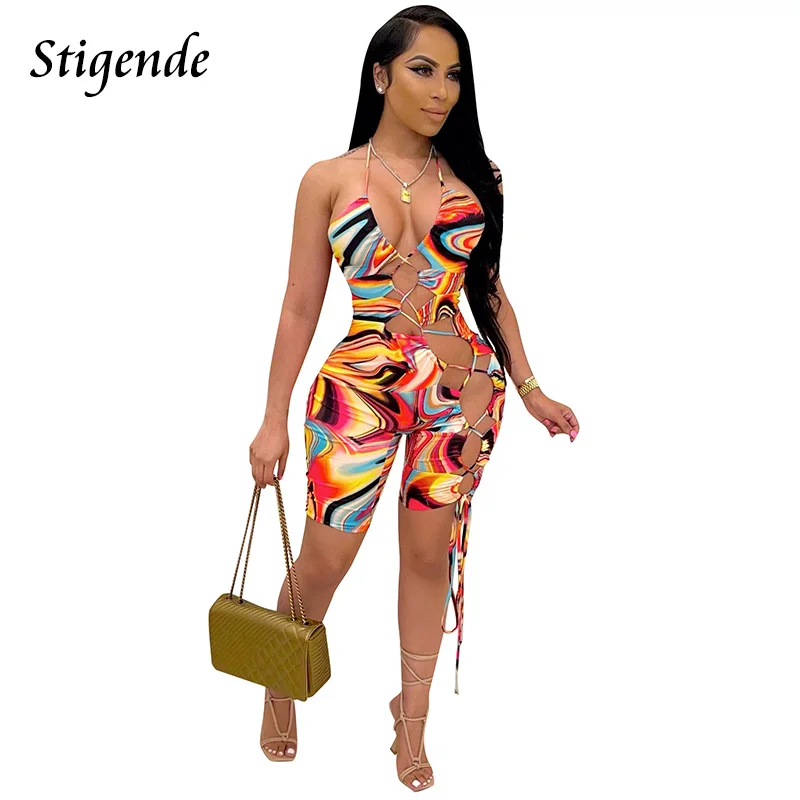 

Stigende Women Fashion Tie Dye Print Short Jumpusit Halter Neck Spaghetti Strap Bandage Romper Sexy Lace Up Hollow Out Playsuit