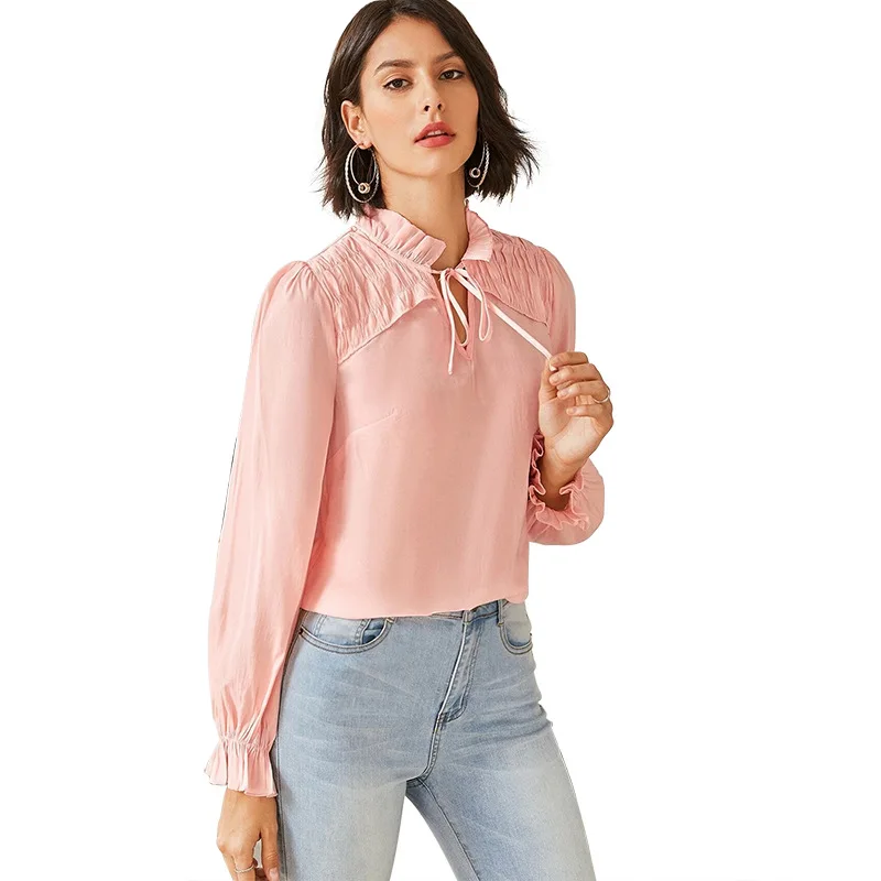 

Spring Autumn 2021 Lace Up Pink Top Mujer Folds Woven Woman Tshirts Feminina Turtleneck Long Sleeve Shirts for Women Pullover
