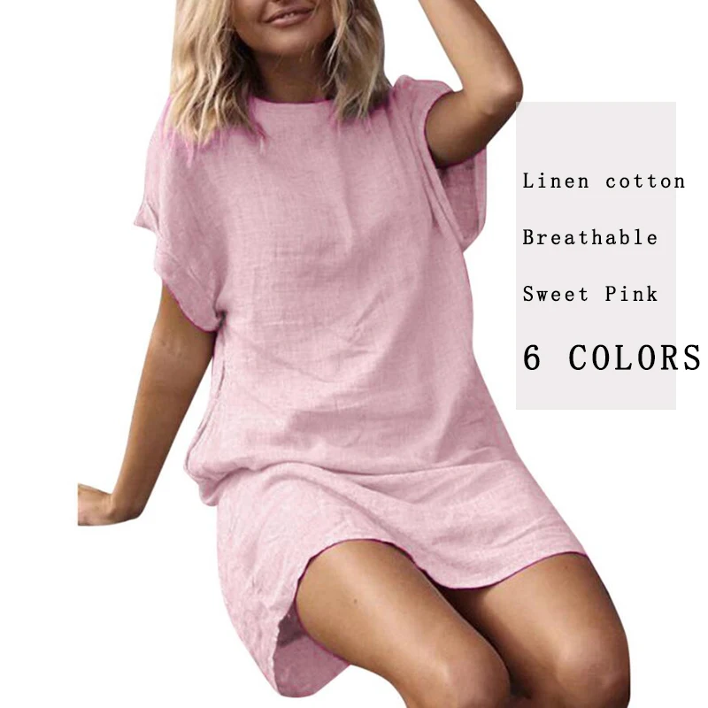 

Solid Color Cotton and Linen O Neck Dresses for women Ladies Casual Loose Short Sleeve Breathable Summer Dress vestidos de veran