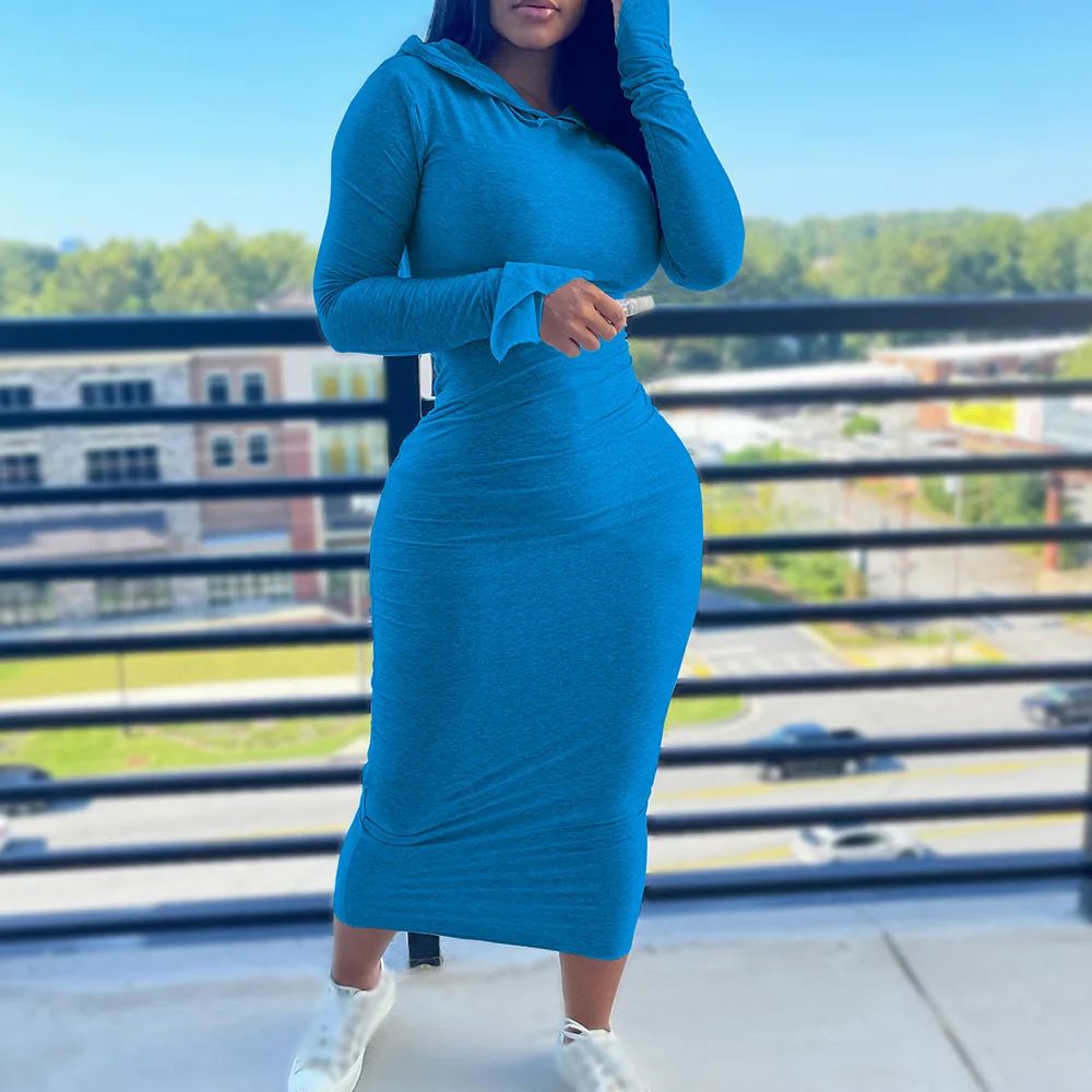 

Fall Fashion Women Dress Long Sleeve Slim Sexy Hooded Collar Pullover Female Dress New Winter Solid Scene Casual Cloth For Women
