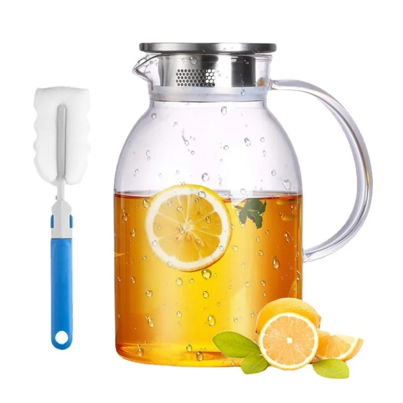 

Large Glass Water Jug With Stainless Steel Lid Iced Tea Pot Juice Carafe Heat Resistant Kettle Beverage Container 2200ml