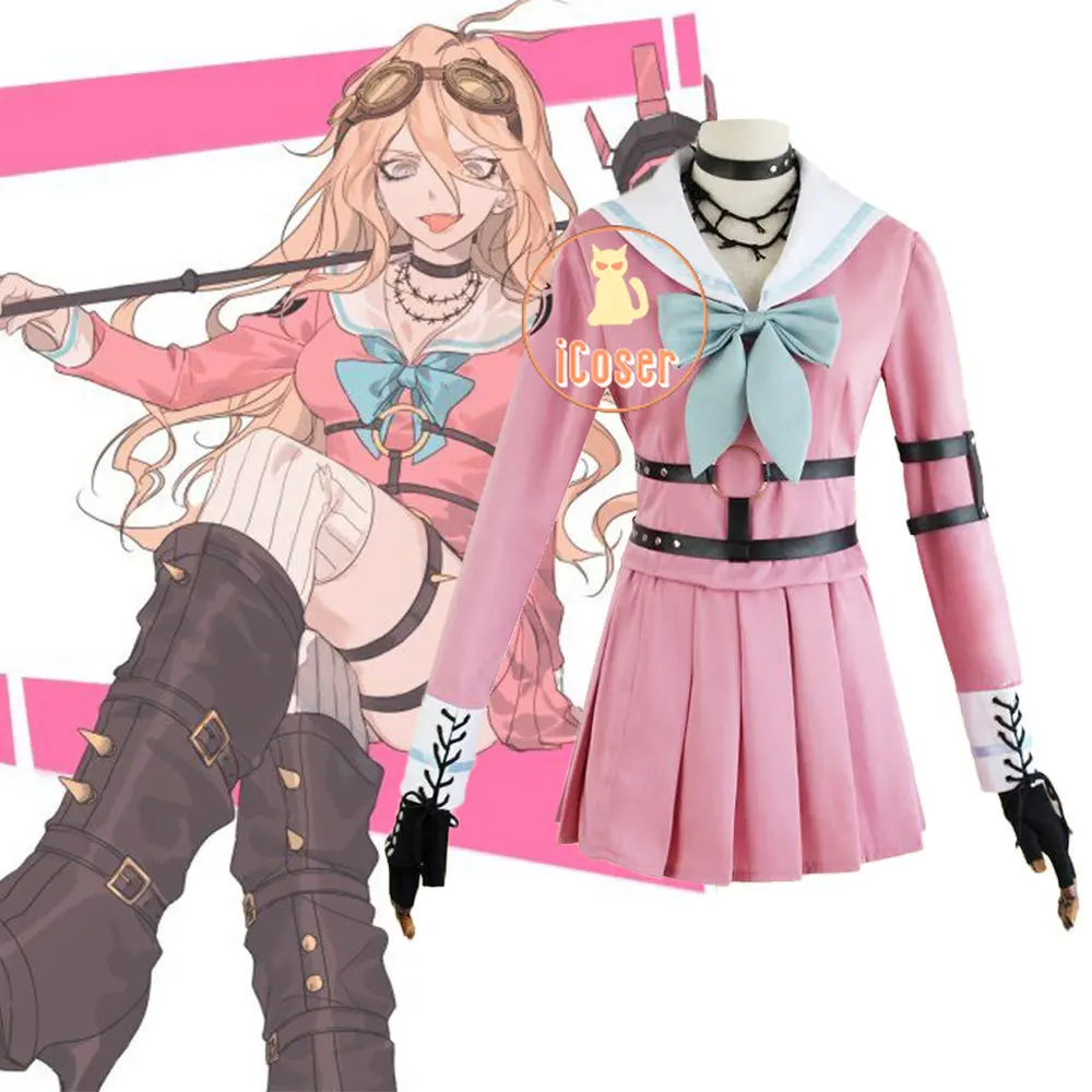 

Dangan Ronpa Iruma Miu Cosplay Costume Danganronpa V3 Killing Harmony Women Blonde Long Wig Pink Halloween Dress School Uniform