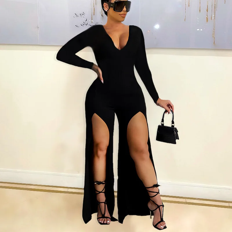 

Women Jumpsuits Solid Color Long Sleeve V Neck High Slit Design Romper Jumpsuit