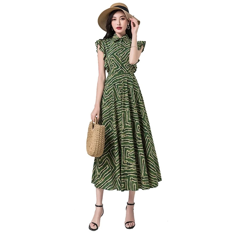 

Plus Mujer Sleeveless Size Casual Turndown Collar Dress High Waist Chiffon Fashion All Match Office Summer Women Female New