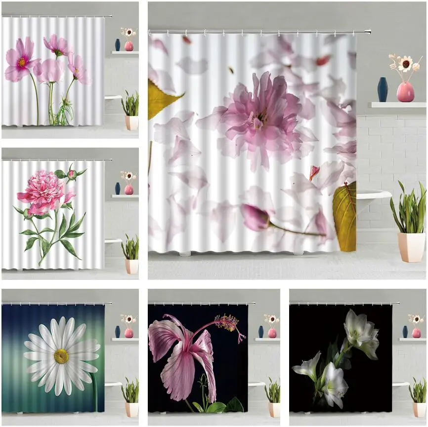 

Занавеска для душа, настенная Водонепроницаемая шторка с розовыми цветами, лепестками, занавеска для ванной комнаты, набор аксессуаров, укр...