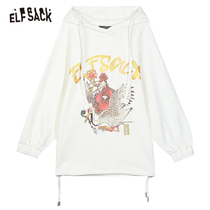 

ELFSACK Original Graphic Casual Oversize Hoodies Sweatshirt Women,2020 Autumn ELF Vintage Drawstring Korean Female Daily Top