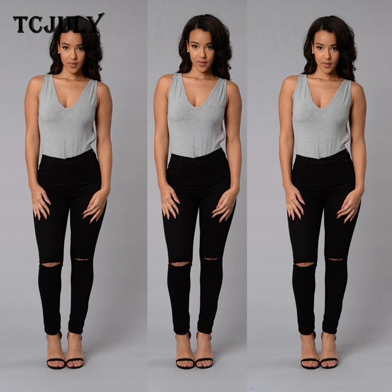 TCJULY модные черные белые рваные джинсы для женщин обтягивающие пуш-ап джинсовые