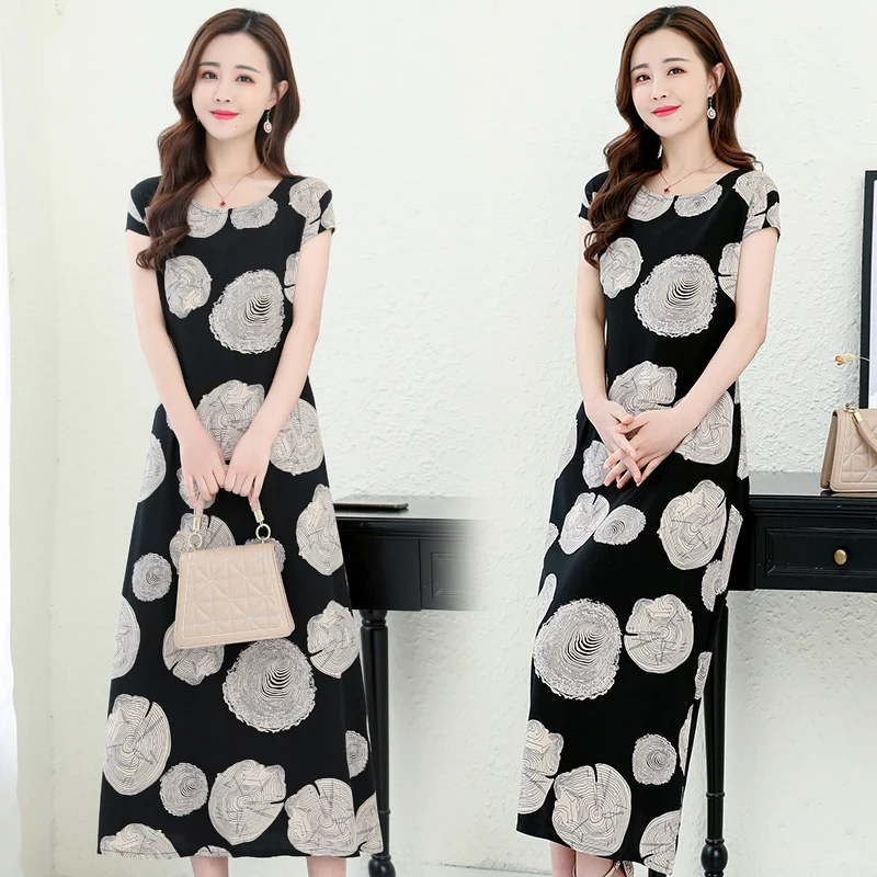 

Women Dress Vintage Floral Print Short Sleeve Casual Party Dresses Robe Femme Summer Dresses O-neck Straight Natural Mid-calf Lo