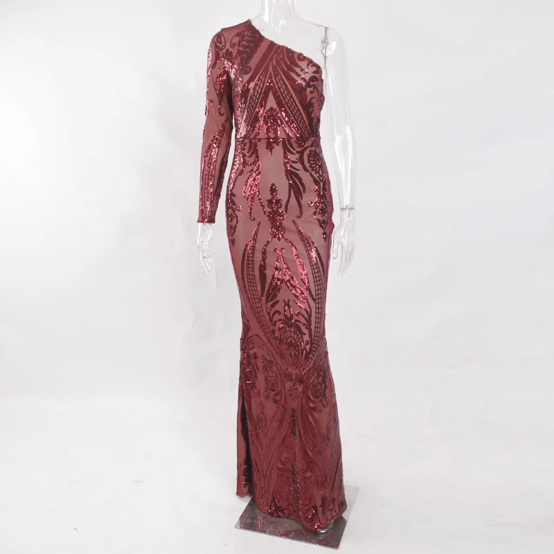 Облегающее обтягивающее платье макси на одно плечо с длинными рукавами и