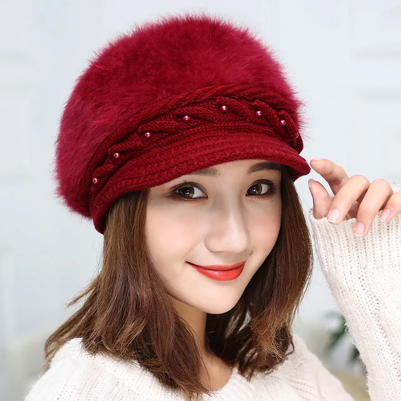 Female Winter Hat Berea Knitted Cap Ladies Cashmere Blend Winter Hat Long Fur Warm Soft Wool Knitted Hats Women For Girls