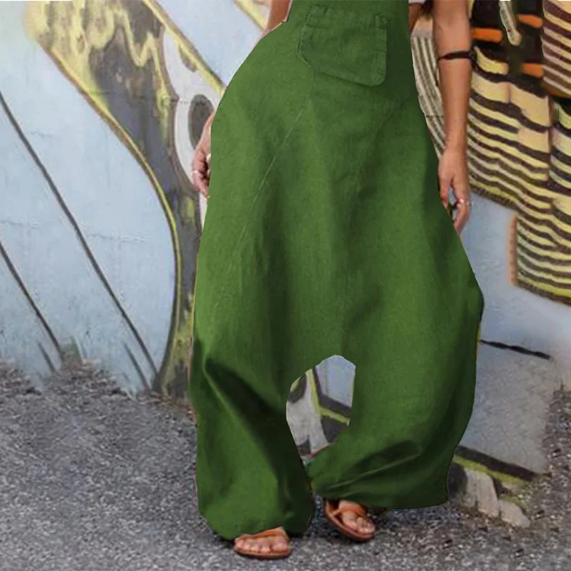 

2021 Solid Color Cotton Sexy Backless Casual Jumpsuit Women Sling Sleeveless Wide Leg Pants Overalls Loose Romper