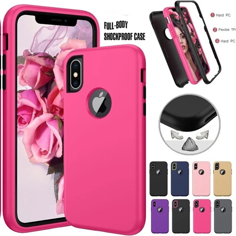 3 in 1 Heavy Duty Armor Shockproof 360 full Protect Case For iPhone X XS MAX XR 8 7 6 6S Plus Hybrid TPU Silicone+ Rubber Case