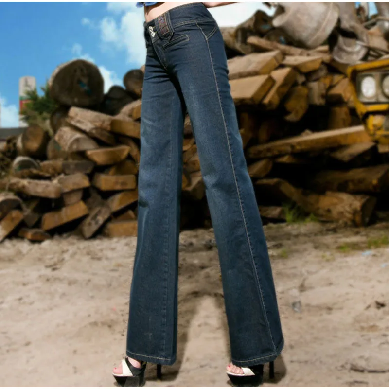 Женские джинсы с высокой талией винтажные синие широкими штанинами свободные