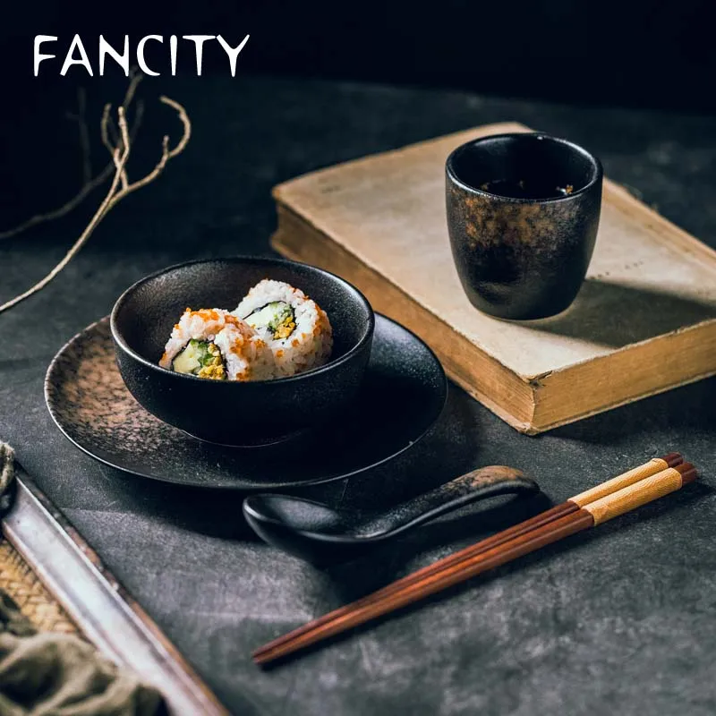 

FANCITY Four-piece set for one person, ceramic plates, bowls, ceramic cups, spoons, Japanese-style table setting, home hotel res