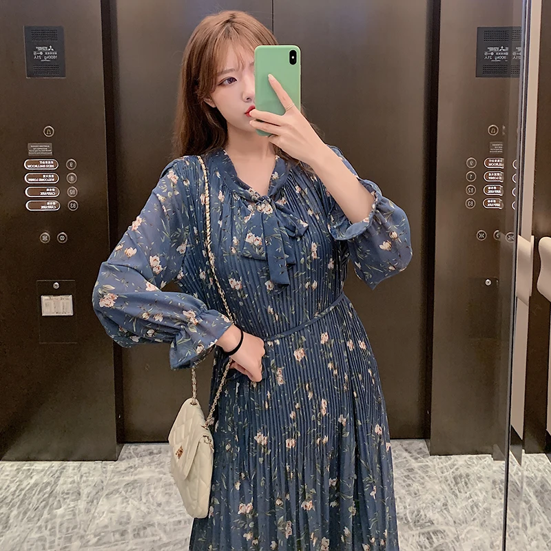 Женское шифоновое платье в винтажном стиле с цветочным принтом длинным рукавом