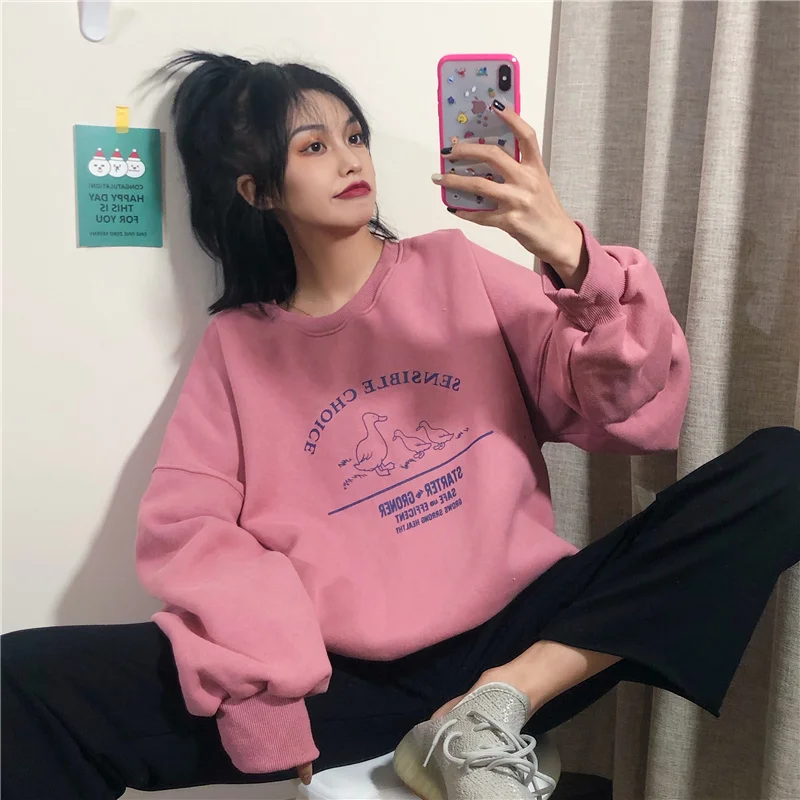 Женские толстовки с круглым вырезом и принтом универсальные свободные корейский