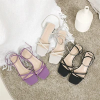 2021 new fashion one word buckle with square toe medium thick heel all match sandals women evening sandals