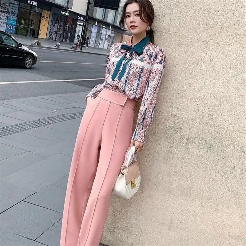 Женский офисный комплект из 2 предметов Элегантная блузка с принтом и широкие