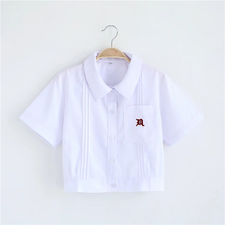 

Cute Girls Japanese School Uniform Girls JK White Blouse Embroidery Accordion Pleats Turn-down Collar Short Sleeve Shirt Tops