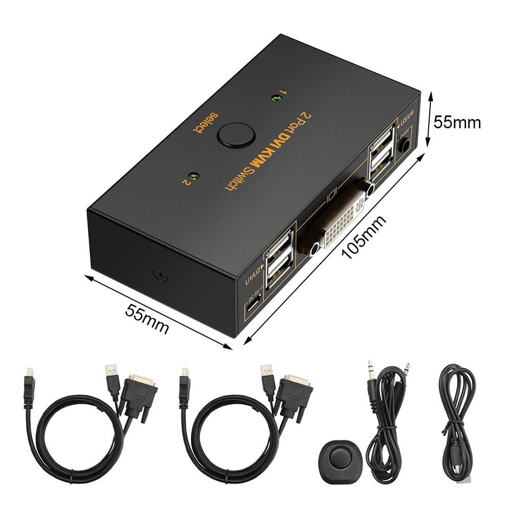 KVM Switch 2 Ports 4 USB 1080P HD USB 2.0 DVI HDMI-Compatible KVM Monitor Switcher for Printer Keyboard Mouse Computer