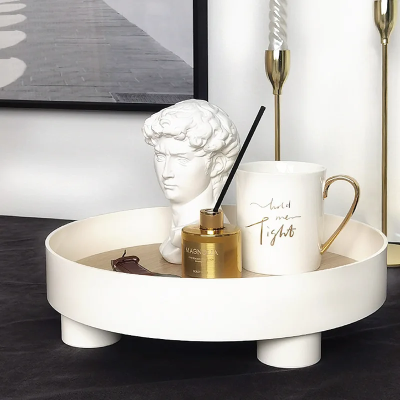 

Ins Nordic Wooden Round Storage Tray Tableware White Plates Tray for food fruit Wedding Kitchen Serving Tray Decorative bowl