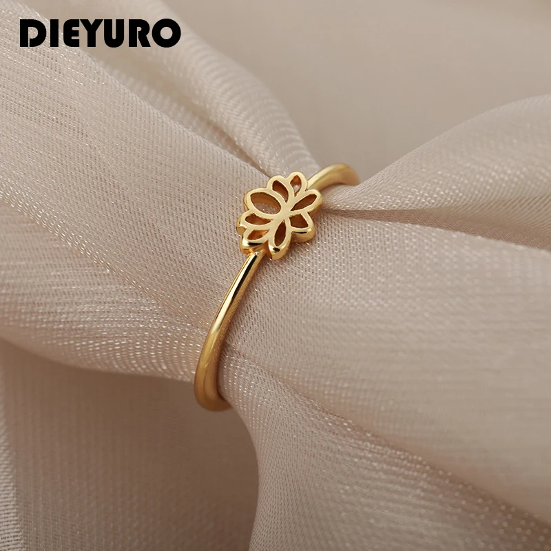 

DIEYURO 316L Stainless Steel High Quality Lotus Ring French Elegant Birthday Gift Fashion Lady Anniversary Jewelry Decoration