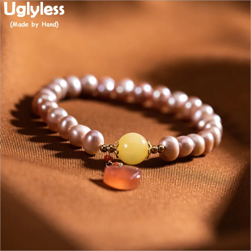 

Uglyless Natural Freshwater Pearls Bracelets for Women Infinity Elastic Rope Pearl Beads Gemstones Bracelets Amber Agate BR272