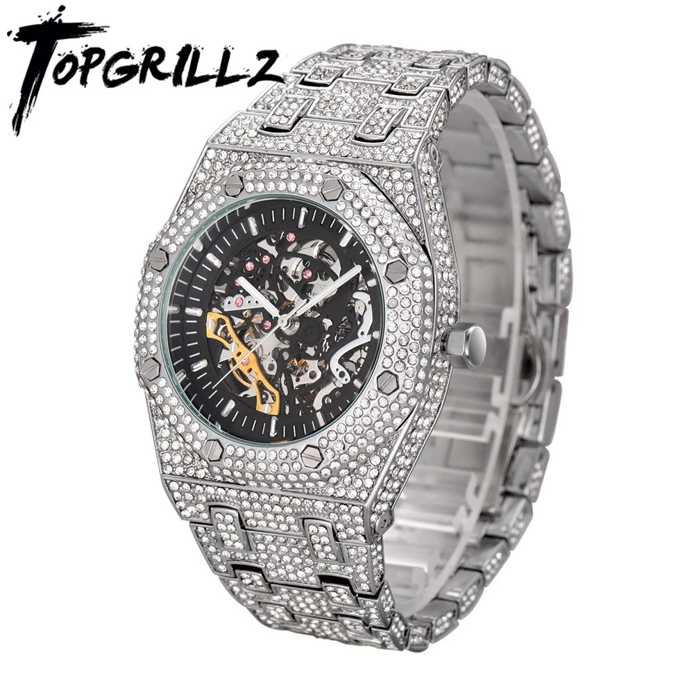 TOPGRILLZ Mechanical Luxury Rhinestones Watches White Gold Shine Mens Watches Stainless Steel Watch Quality Business Watch