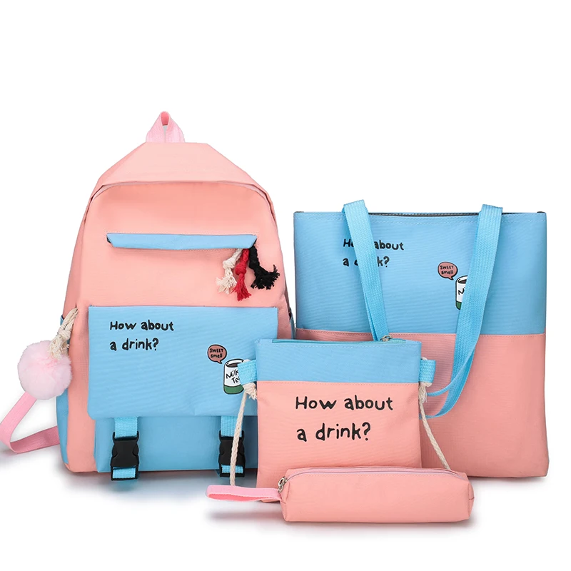 

2020 New 4Pcs/set Canvas School Bag For Teenager Girls Student High Quality Women Travel School Laptop Backpacks Female Book Bag
