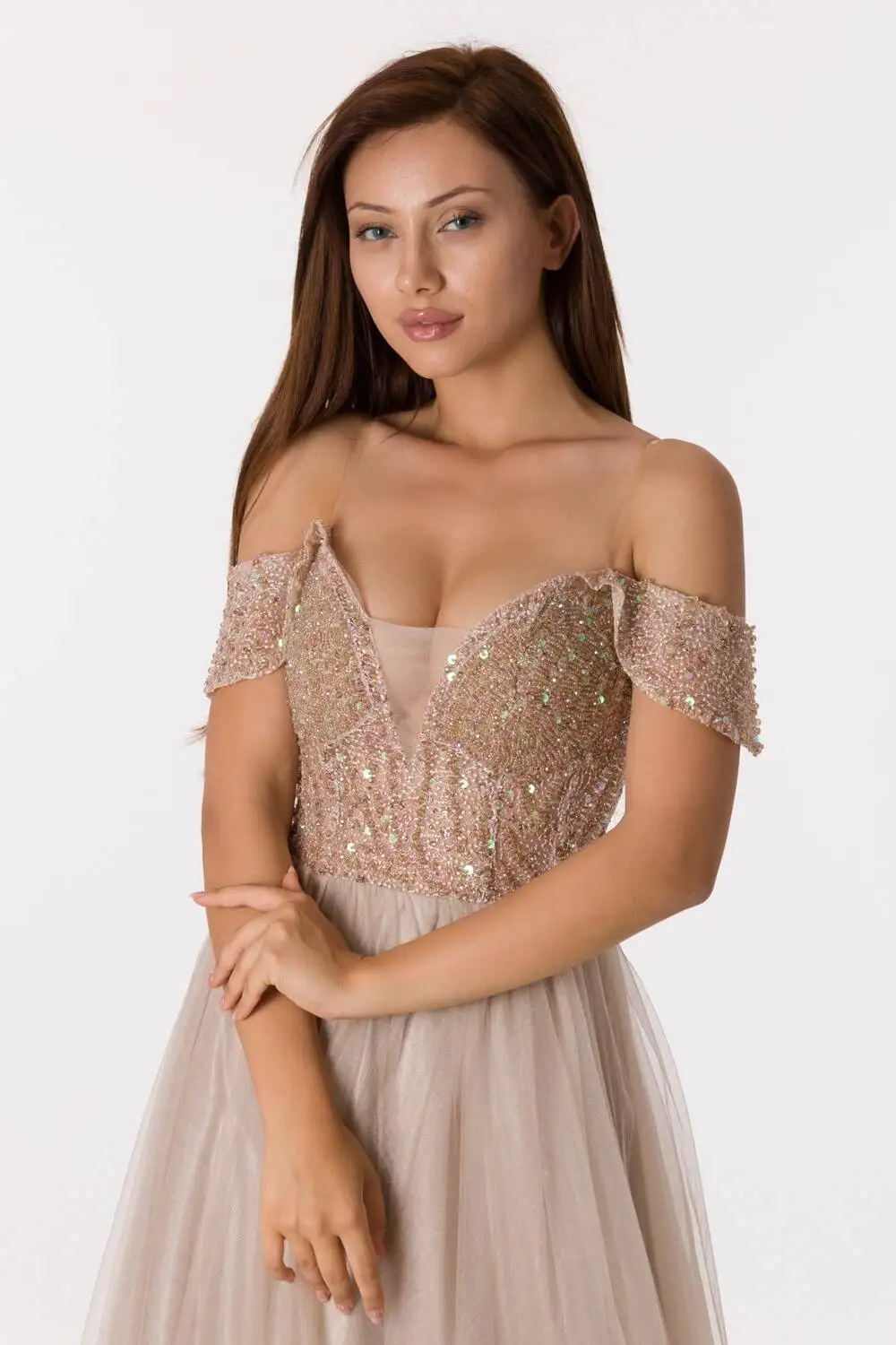 

Off Shoulder Beaded Beige Engagement Dress