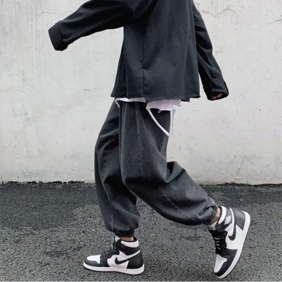 Fall Winter New Men Jeans Loose Cargo Pants Light Color Straight Casual Stitching Ankle-Tied Cropped Trousers Harem Denim Jeans